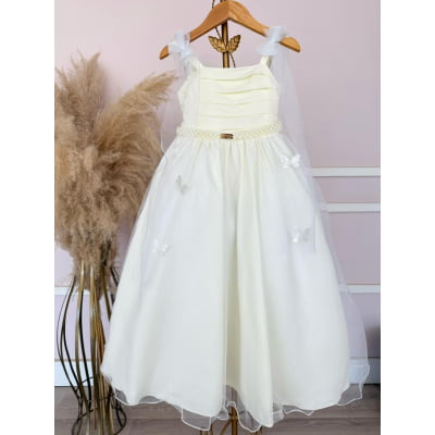 Vestido Infantil Longo Off White C/ Aplique Borboletas Festas