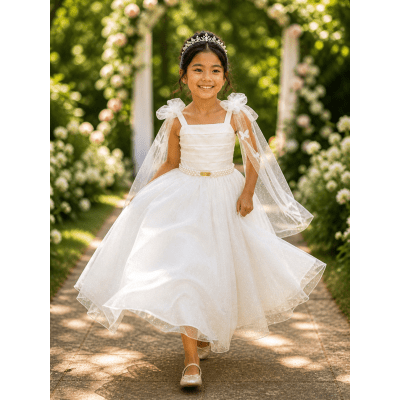 Vestido Infantil Longo Off White C/ Aplique Borboletas Festas