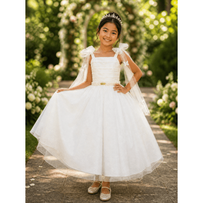 Vestido Infantil Longo Off White C/ Aplique Borboletas Festas