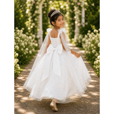 Vestido Infantil Longo Off White C/ Aplique Borboletas Festas