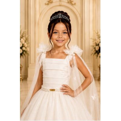 Vestido Infantil Longo Off White C/ Aplique Borboletas Festas