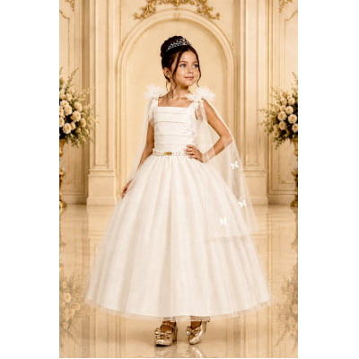 Vestido Infantil Longo Off White C/ Aplique Borboletas Festas