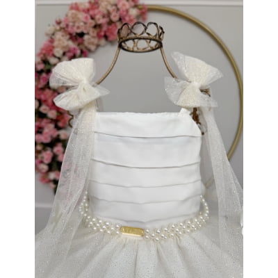 Vestido Infantil Longo Off White C/ Aplique Borboletas Festas
