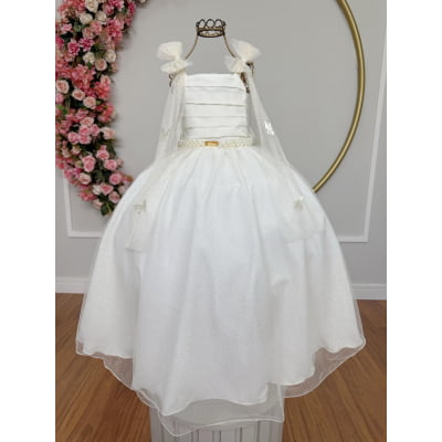 Vestido Infantil Longo Off White C/ Aplique Borboletas Festas