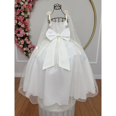 Vestido Infantil Longo Off White C/ Aplique Borboletas Festas