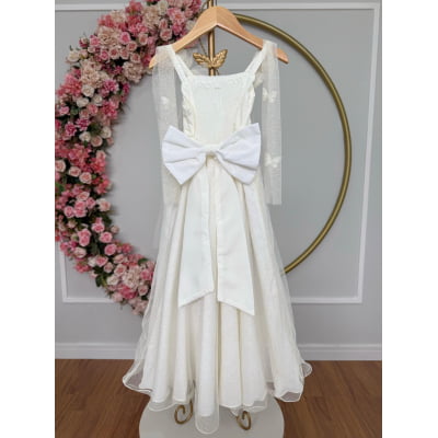 Vestido Infantil Longo Off White C/ Aplique Borboletas Festas