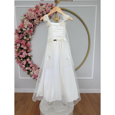 Vestido Infantil Longo Off White C/ Aplique Borboletas Festas