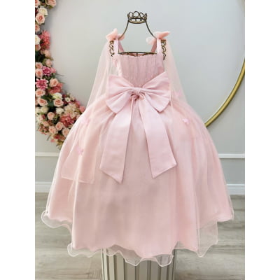 Vestido Infantil Longo Pêssego C/ Aplique Borboletas Festas