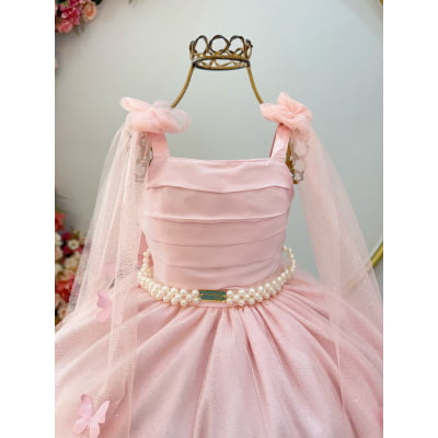 Vestido Infantil Longo Pêssego C/ Aplique Borboletas Festas