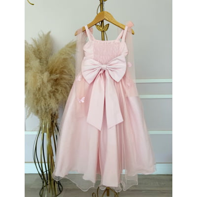 Vestido Infantil Longo Pêssego C/ Aplique Borboletas Festas