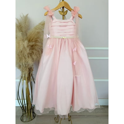 Vestido Infantil Longo Pêssego C/ Aplique Borboletas Festas
