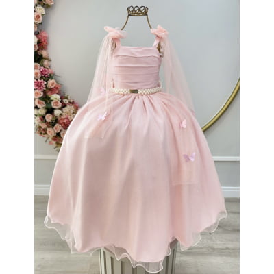 Vestido Infantil Longo Pêssego C/ Aplique Borboletas Festas