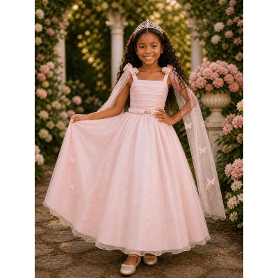 Vestido Infantil Longo Pêssego C/ Aplique Borboletas Festas