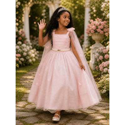 Vestido Infantil Longo Pêssego C/ Aplique Borboletas Festas