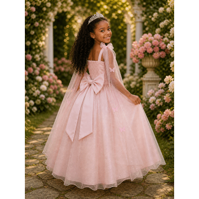 Vestido Infantil Longo Pêssego C/ Aplique Borboletas Festas
