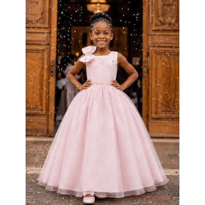 Vestido Infantil Longo Pêssego Luxo Daminhas Formaturas