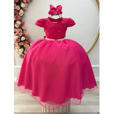 Vestido Infantil Longo Pink Busto Nervura Festas Daminhas