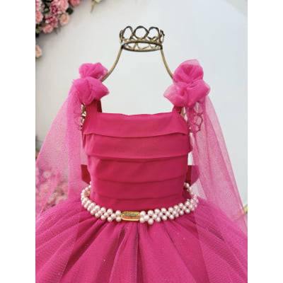 Vestido Infantil Longo Pink C/ Aplique de Borboletas Festas