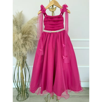 Vestido Infantil Longo Pink C/ Aplique de Borboletas Festas
