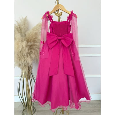 Vestido Infantil Longo Pink C/ Aplique de Borboletas Festas