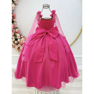 Vestido Infantil Longo Pink C/ Aplique de Borboletas Festas