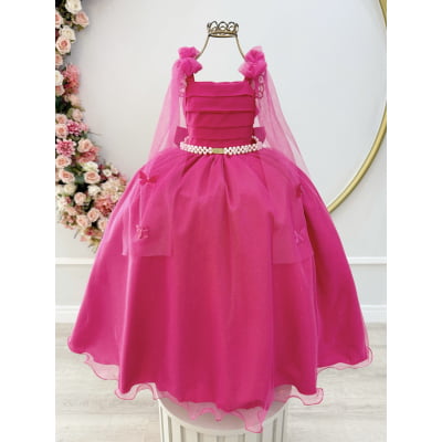 Vestido Infantil Longo Pink C/ Aplique de Borboletas Festas