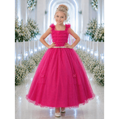 Vestido Infantil Longo Pink C/ Aplique de Borboletas Festas