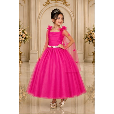 Vestido Infantil Longo Pink C/ Aplique de Borboletas Festas