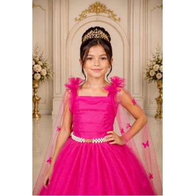 Vestido Infantil Longo Pink C/ Aplique de Borboletas Festas