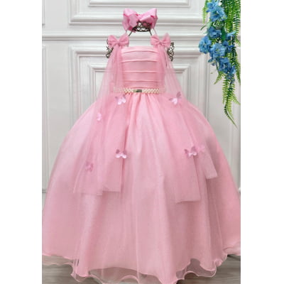 Vestido Infantil Longo Rosa Aplique Borboletas Festas Dama Luxo