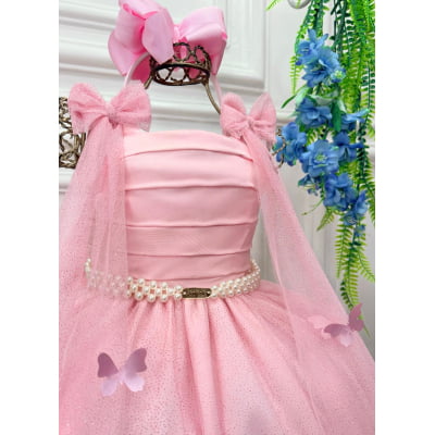 Vestido Infantil Longo Rosa Aplique Borboletas Festas Dama Luxo