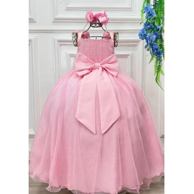 Vestido Infantil Longo Rosa Aplique Borboletas Festas Dama Luxo