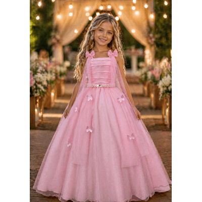 Vestido Infantil Longo Rosa Aplique Borboletas Festas Dama Luxo