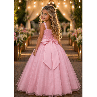 Vestido Infantil Longo Rosa Aplique Borboletas Festas Dama Luxo