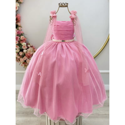 Vestido Infantil Longo Rosa Chiclete Aplique Borboletas Festas