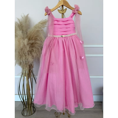Vestido Infantil Longo Rosa Chiclete Aplique Borboletas Festas