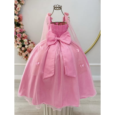 Vestido Infantil Longo Rosa Chiclete Aplique Borboletas Festas
