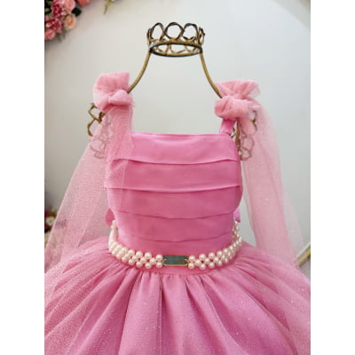 Vestido Infantil Longo Rosa Chiclete Aplique Borboletas Festas