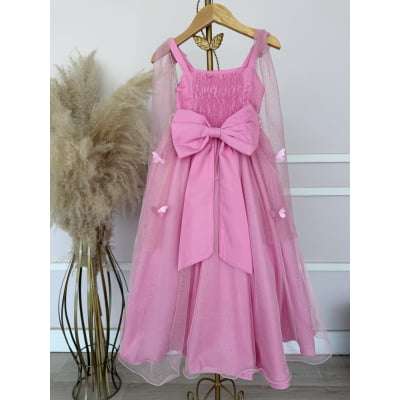 Vestido Infantil Longo Rosa Chiclete Aplique Borboletas Festas