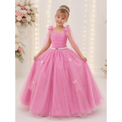 Vestido Infantil Longo Rosa Chiclete Aplique Borboletas Festas
