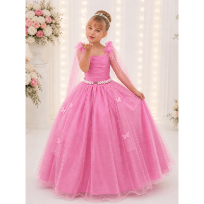 Vestido Infantil Longo Rosa Chiclete Aplique Borboletas Festas