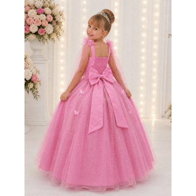 Vestido Infantil Longo Rosa Chiclete Aplique Borboletas Festas