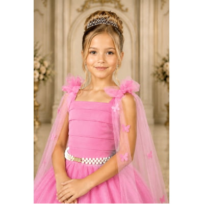 Vestido Infantil Longo Rosa Chiclete Aplique Borboletas Festas