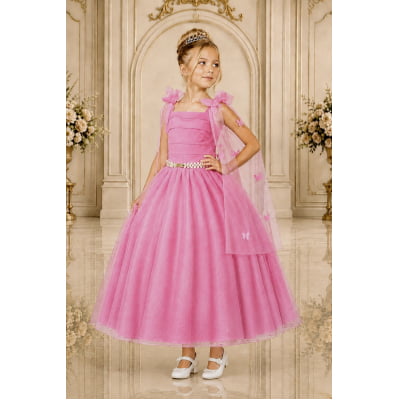 Vestido Infantil Longo Rosa Chiclete Aplique Borboletas Festas