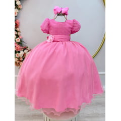 Vestido Infantil Longo Rosa Chiclete C/ Broche Flor Daminhas