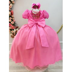 Vestido Infantil Longo Rosa Chiclete C/ Broche Flor Daminhas