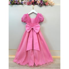 Vestido Infantil Longo Rosa Chiclete C/ Broche Flor Daminhas