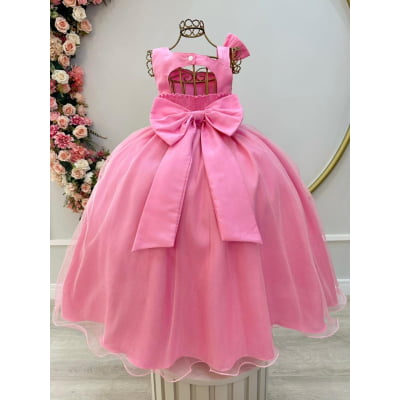 Vestido Infantil Longo Rosa Chiclete Daminhas Formaturas