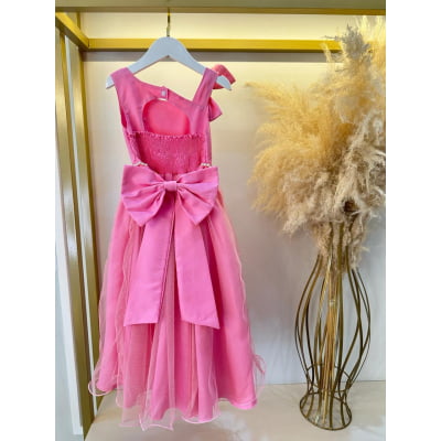 Vestido Infantil Longo Rosa Chiclete Daminhas Formaturas