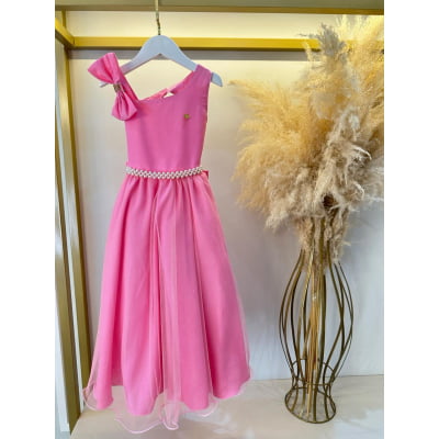 Vestido Infantil Longo Rosa Chiclete Daminhas Formaturas